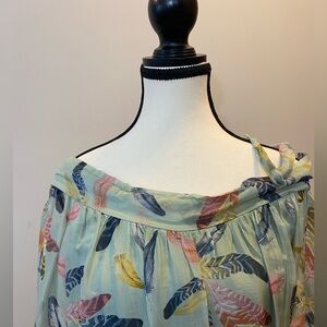 Sage green peasant blouse with feather design Size L/XL romantic boho oversized